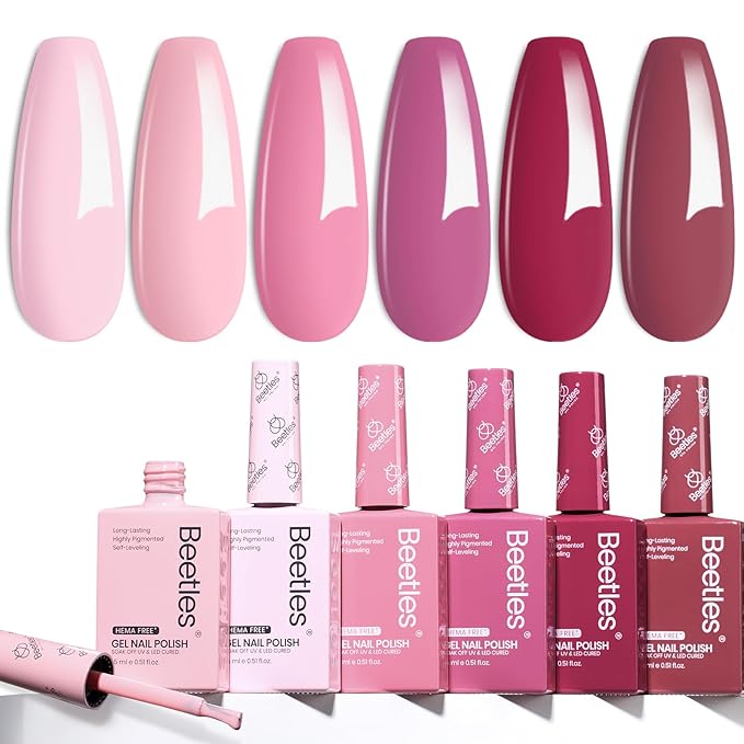 Beetles Valentines Gel Polish Set - Romantic Blush 6 Colors Gel Polish Set Hema Free, Nude Light Baby Hot Pink Colors Spring Valentines Nails, Long Lasting Soak Off UV LED Nail Lamp Gifts for Her