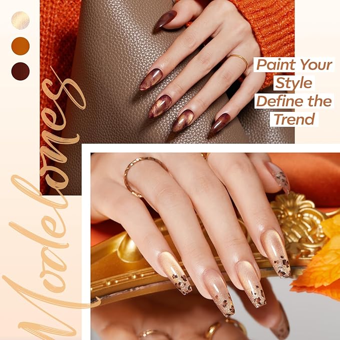 modelones Gel Nail Polish Set, 6 Colors Clear Blooming Nude Gold Glitter Cat Eye Gel Polish Amber Brown Jelly Maroon Black Nail Polish 2026 Leopard-Print Theme with Magnet & Liner Pen LED Mani Kit
