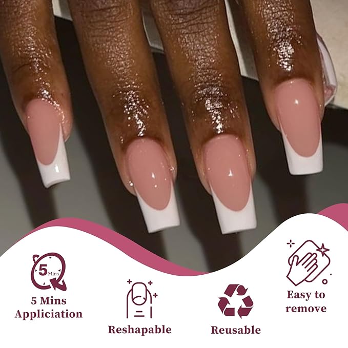 120PC White French Tip Press on Nails Medium Fake Nails Press ons with 5*Adhesive Tabs, Brown Square Acrylic Nail Press on Nail French Tip Nails False Artificial Fingernails Stick on Nails-L