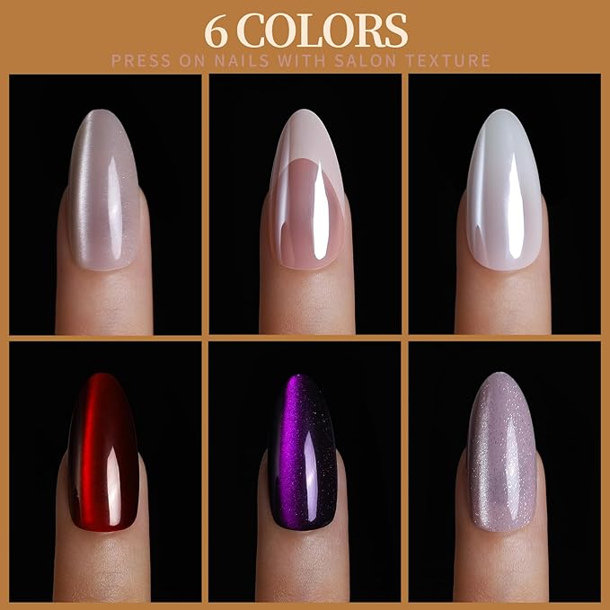 FANDAMEI Press On Nails Almond, 6 Colors Cat Eye Press On Nails, Natural Fake Nails Glossy French Tip, Cat Eye Nails for Women Salon Quality, Christmas Iridescent Chrome Press on Nails Kit