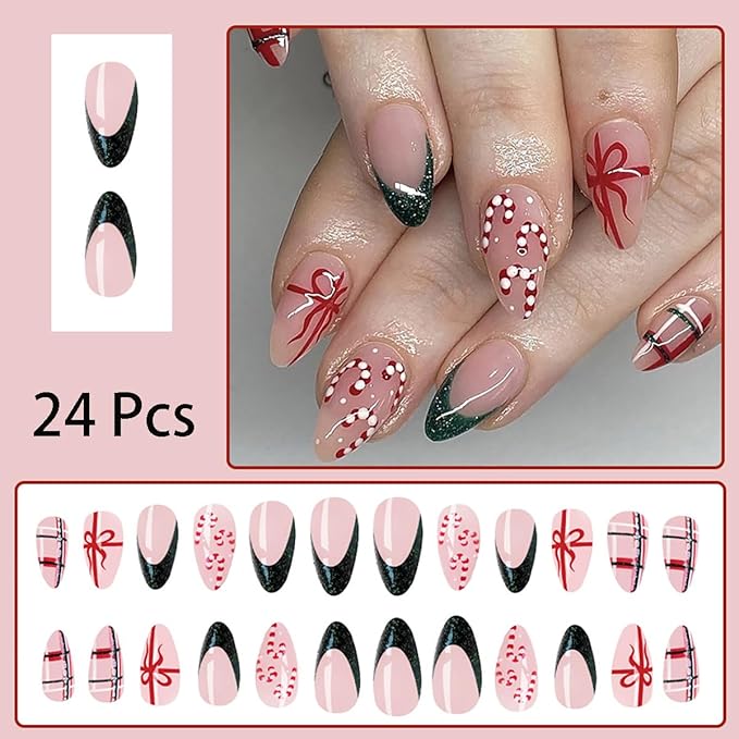 24 Pcs Christmas Press on Nails Short Almond Xmas Bow Fake Nails with Designs French Tip False Nails Line Glue on Nails Full Cover Glossy Artificial Nails for Women Girl Holiday Nail Decoration