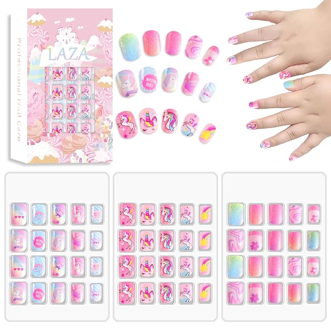 Laza Children Nails Press On Pre-glue Full Cover Colorful Stars Rainbow Clouds Cute Short False Nail Kits for Kids Teenager Girls-Rainbow Unicorn
