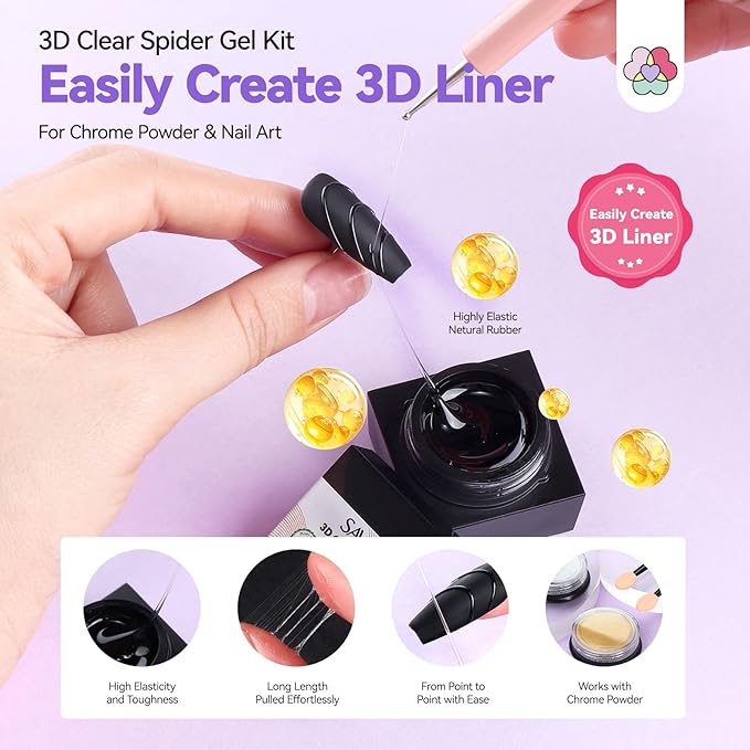 SAVILAND 3D Spider Gel for Nail Art: No Wipe Clear Elastic Spider Gel with Metallic Silver Gold Chrome Powder for 3D Liner Nail Art Sculpture Design Home DIY Salon Manicure