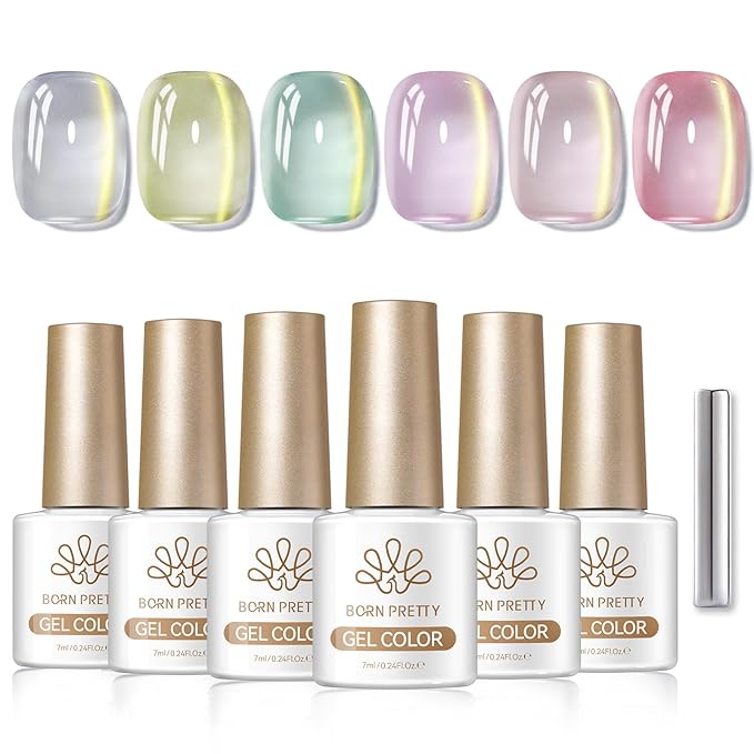 Born Pretty Golden Mirage Cat Magnetic Eye Gel Nail Polish Set,6 Colors Spring Summer Gold Glitter Pink Green Magnetic Gel Polish Kit Soak Off U V Gels DIY Art for Girls Women