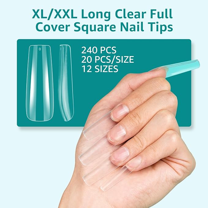 Clear Square Straight Nail Tips, 240PCS XXL Extra Long C Curve Nails Tips, Full Cover Gel Acrylic Tips, Clear Fake Artificial Nails for Nails Extension Coffin Nails Tips