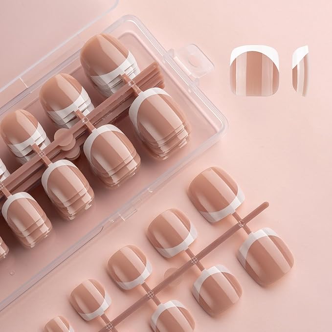 Lamemoria Pre-Design Geled Almond French Tip Press On Toenails,Medium White French Nail Toe Tips, Basic Salon Fake Nail Kit Set With Glue/Tabs/File, 240 PCS
