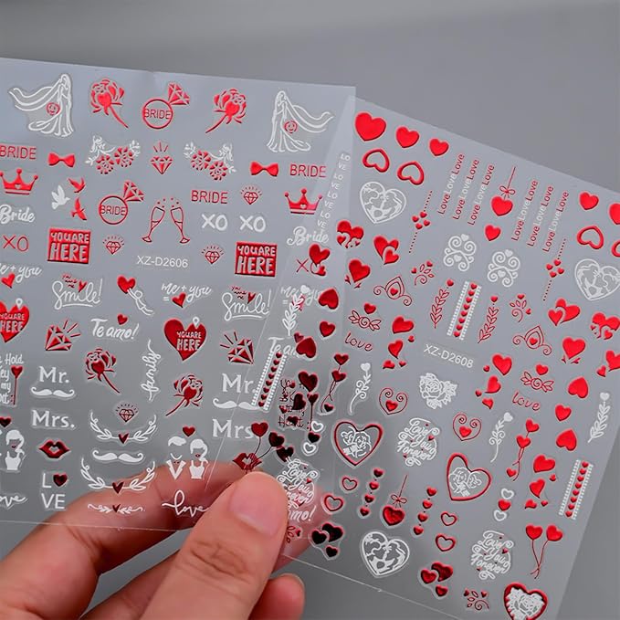Valentines Nail Art Stickers Heart Nail Decals Glitter Charms Rose 3D Self-Adhesive Lipstick Mark Valentines Day DIY Date Nail Supplies Decorations for Women Girls 6 Sheets