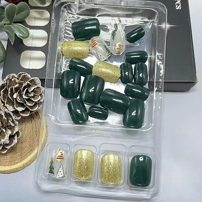 Christmas Press on Nails Short Square Fake Nail with Christmas Tree Designs Green Xmas False Nails Gold Glitter Full Cover Winter Stick on Nail for Women 24 Pcs