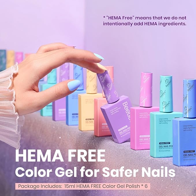 Beetles Pastel Gel Polish - Fairy Tale Dream 6 Colors Hema-Free Gel Polish Set, 15ML Pastel Yellow Pink Blue Purple Nail Colors, with Colorful Bottle Soak off Uv Led Lamp Nails