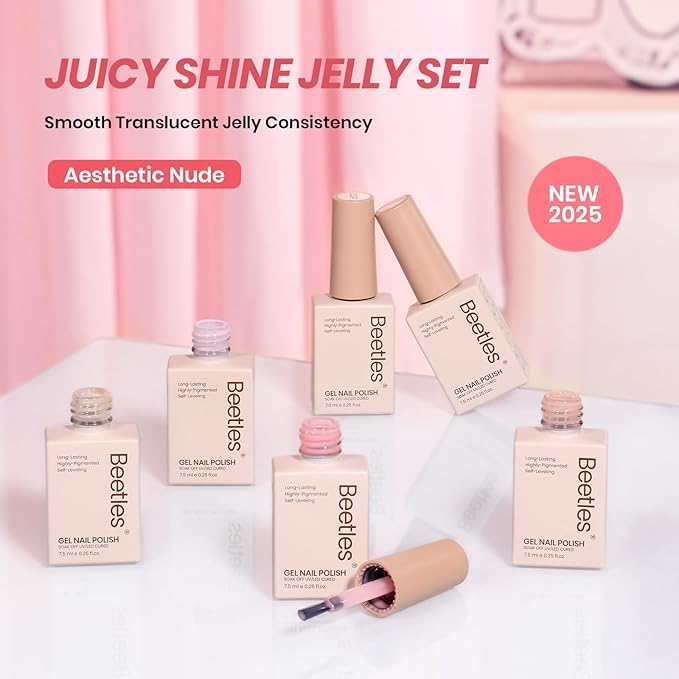 Beetles Nude Gel Nail Polish Set - 6 Colors Nude Pink Jelly Gel Polish Kit Neutral Shimmer Translucent Sheer Gel Soak off Uv Nail Concealer French Nail Art Manicure Gift for Women