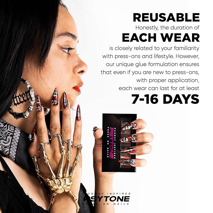 PSYTONE Halloween Press on Nails Short Square French Fake Nails Press ons Red Cartoon False Nails with Mummy Ghost Spiders Webs Pattern Designs Glossy Acrylic Nails Full Cover Stick on Nails