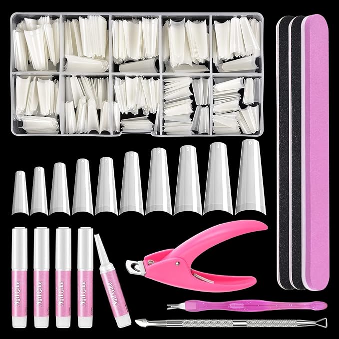 MORGLES Natural Coffin Nail Tips, Natural Coffin Nail Tips Half Cover with Glue, Clipper, Files, Cuticle Pusher and Fork for Salons and Home DIY with Box