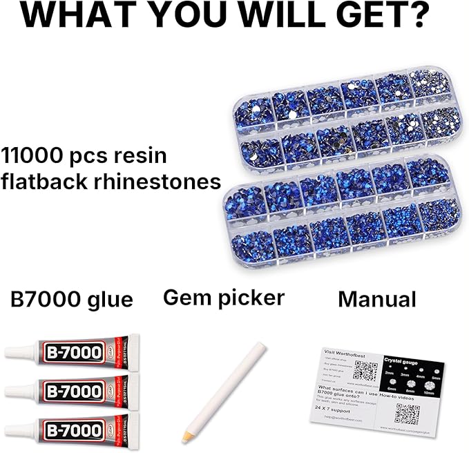 11000Pcs Blue 2/3/4/5mm Flatback Rhinestones with Glue for Bedazzling Crafting Clothing Clothes Crafts Nail Art, Royal Dark Navy Blue Resin Flat Back Gems Crystals Diamonds Gemstones Jewels Stones Kit