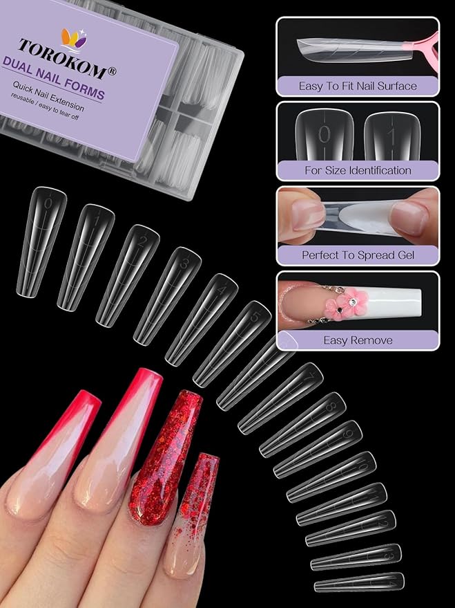 TOROKOM 150PCS Coffin & Stiletto Dual Forms for Poly Nail Gel, Clear Acrylic Nail Tips, Full Cover Reusable Nail Molds, 15 Sizes, Salon & DIY
