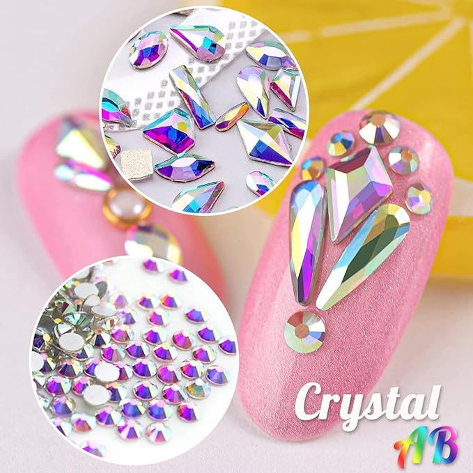 2052Pcs Crystal AB Nail Rhinestones AB Crystal Nail Charms 72 Multi Shapes Flatback Rhinestones Big Nail Art Gems +1980 Round Beads K9 Glass Stones Diamonds Jewels for Nails Faces Eyes Makeup