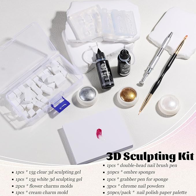 3D Gel Nail Art for Nails Starter Kit: 15ML Clear and White 3D Sculpting Gel with 3PCS Silicone Flowers Nail Charm Molds Gold Silver Chrome Powder Ombre Sponges Salon Supplies DIY Manicure
