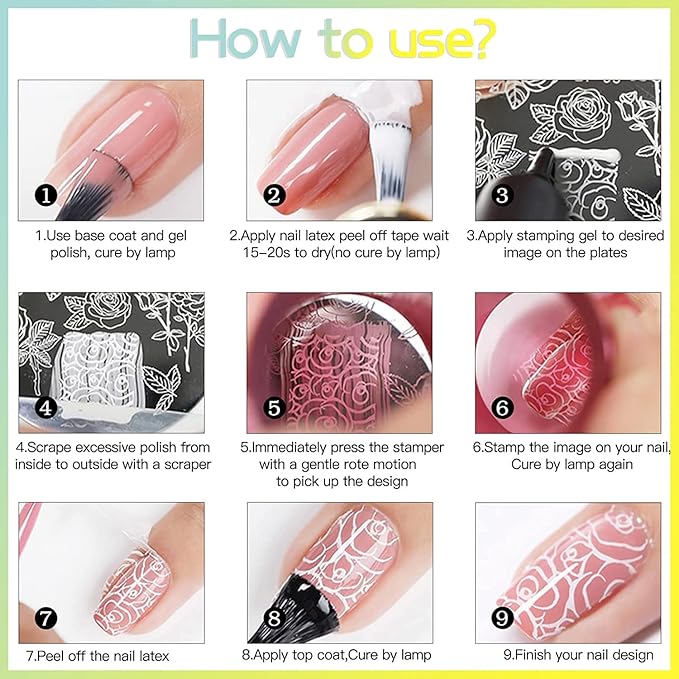 Biutee 4PCS Nail Stamping Plates Set, Includes Nail Art Stamper & Scraper - French Line Lace, Space, Animal, Flower, Leaf Designs - Large Nail Art Stencils Templates for DIY Manicure