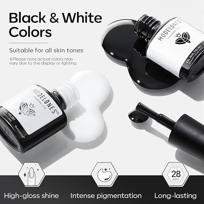modelones White Gel Polish Black Gel Polish Set 2 Pcs 15ml Black And White Nail Polish Soak Off LED Valentine's Nail Art French Manicure Salon Diy at Home Gift for Women Girls