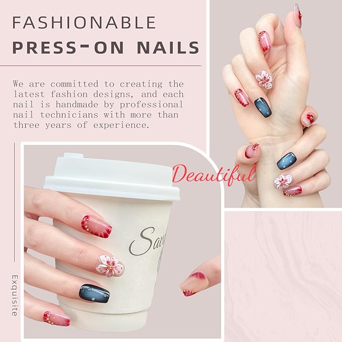 Handmade Press on Nails ，Medium Coffin Nails - 10PCS Glossy short Coffee False Nails with 3D Flower Metallic Embellishments | Reusable Acrylic Nail Set | Salon Quality Nail Art Kit.(M-10PCS)