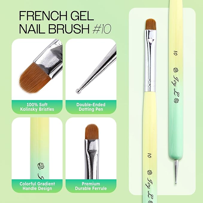Ivy-L Premium 2 Ways French Gel Acrylic Nail Art Kolinsky Brush with Dotting Tool for Professional Manicure Nail Art Design Cuticle Clean-up + Lime Green Wood Handle (Size 10)