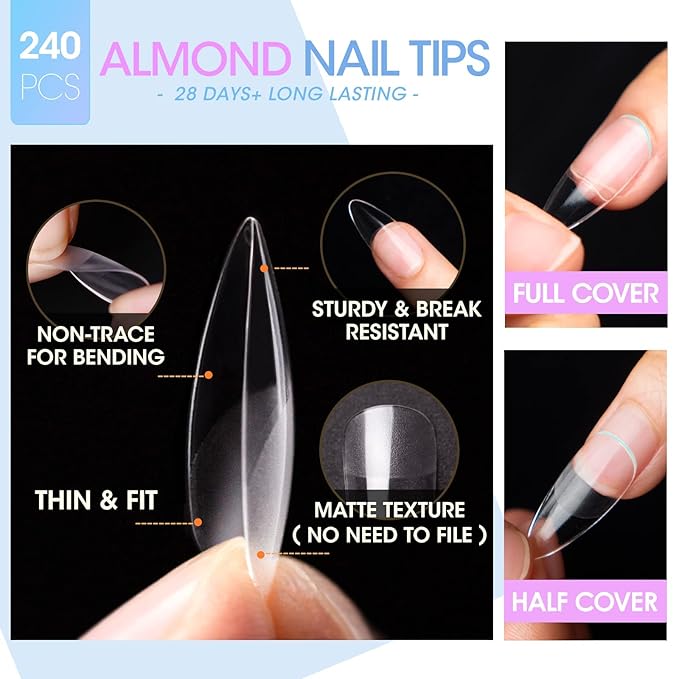 Gellen Gel Tips Nail Extension Kit, Gel Nail Kit with 240Pcs Almond Tips, 3 in 1 UV Glue for Nail Tips, Prep Dehydrator and Primer, U V LED Cure Lamp, Decorations for DIY Manicure Set