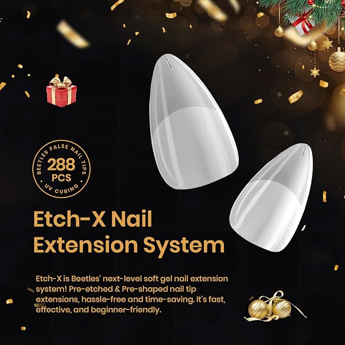 Beetles Extra Short Almond Nail Tips, 12 Sizes 288 PCS Pre-Shaped Clear Full Cover Etch Gel Nail Tips Clear Acrylic Press on Nails Extension for Girls Women Nail Art Design, Nail Glue Needed