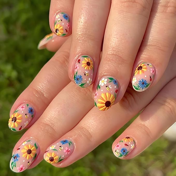 24Pcs Flower Fake Nails Short Almond Press on Nails Colorful Floral Nails Press Ons Summer Spring False Nails Matte Full Cover Glue on Nail DIY Acrylic Stick on Nail for Women Decorations Set