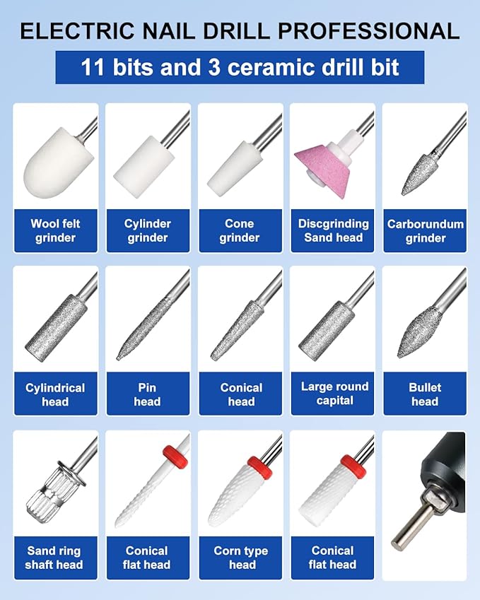 Professional Electric Nail Drill Kit 35000RPM with 14PCS Bits White Portable Rechargeable Cordless File Machine for Acrylic Gel Powder Nails and Manicure Pedicure Toenail Tool Salon Set