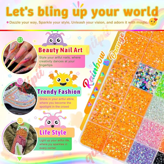 Orange AB Resin Rhinestones w B7000 Glue for Crafting Bedazzling 2mm-6mm Flatback Colorful Jelly Stones Diamonds Gems Bedazzler Kit for Nails Face Eyes Makeup Tumblers Bottles DIY Crafts Shoes