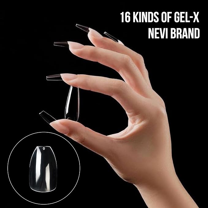 Nail Gel-X Natural Coffin Short Tips Set - NeVi USA Premium Quality, 600 Tips in 10 Sizes - Complete DIY Nail Extension Kit | No Size 00 Included #5 and #6 Are Double Quantity