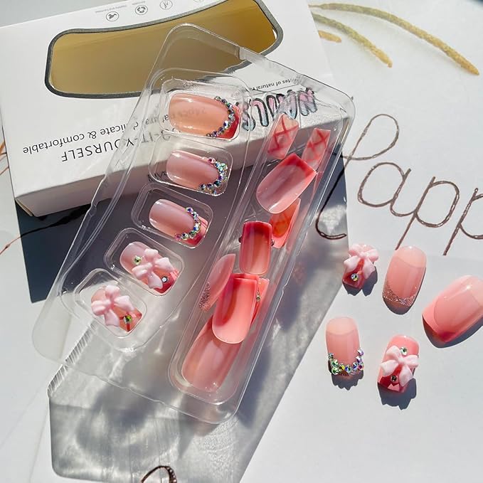 24Pcs Pink Bow Press on Nails Short Square Fake Nails French Tip Full Cover Glue on Nails with 3D Rhinestone Charms Design Bling Cute False Nails Glossy Acrylic Stick on Nails for Women Girls