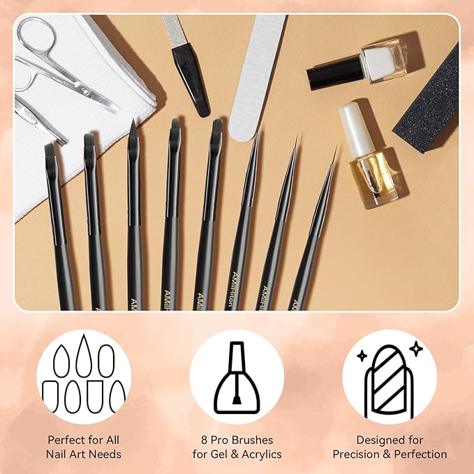 8PCS Nail Art Brush Set for Gel & Acrylic – French Tip, Flat, Oval & Carved Liner Brushes with Dotting Tools, Professional Builder Poly Gel Nail Design Kit