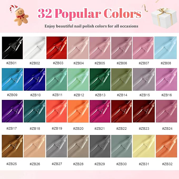 JODSONE 32 Colors Quick Dry Nail Polish Set 0.17 fl.oz,Valentines Nail Polish Set with 1 Top Coat & 2 Base Coat,Totaling 35Pcs,Air Dry & Long Lasting Nail Art DIY Home Manicure Gift for Women