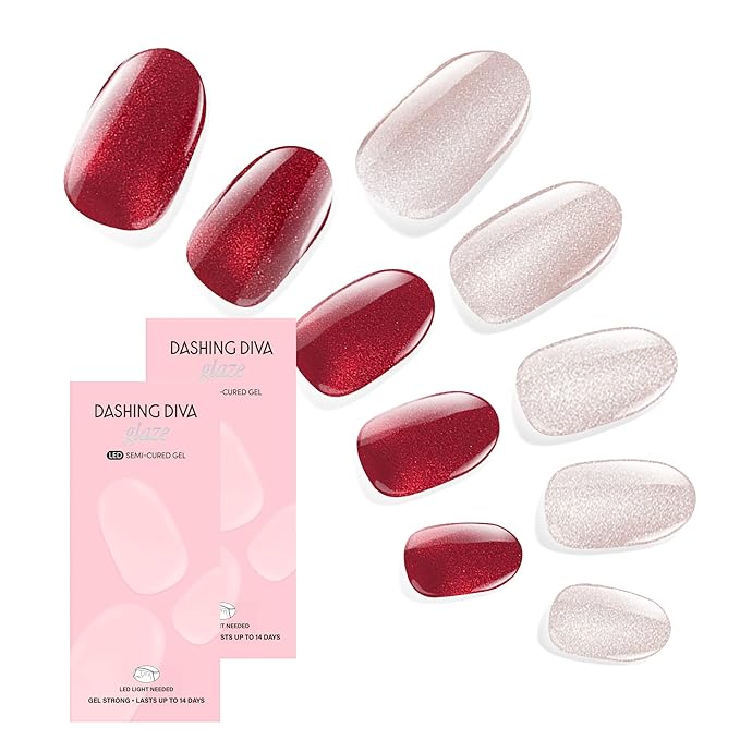 Dashing Diva Glaze Nail Strip Duo - Expensive Taste Collection - Ruby Red Apple & Ring The Alarm - Long Lasting, Chip Resistant, Semi-Cured Gel Nail Strips - Contains 2 Colors