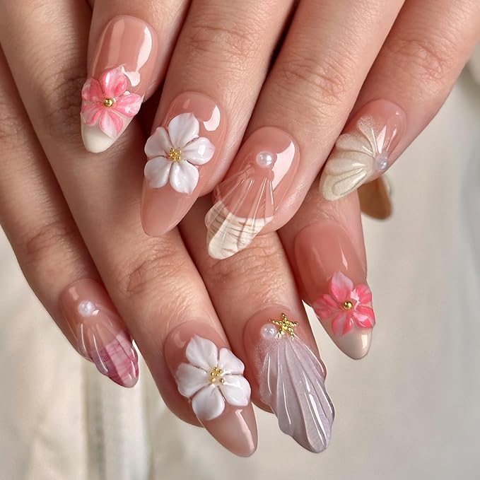 Press on Nails Almond Handmade White Flower Pearl and Starfish Fake Nails Design Thick Acrylic and MutiLayer Gel False Nails Full Cover French Medium Fake Nails Nails for Women DIY Art Decor (Size M)