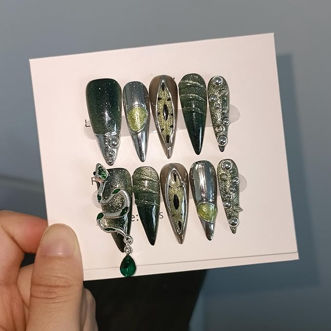 Punk Metal Press on Nails Long Stiletto,Black Silver Cat Eye Fake Nails with 3D Snake Gems, Acrylic Soft Gel Handmade False Nails with Rhinestone Steel Ball,Gothic Glue on Nails 10pcs(L)