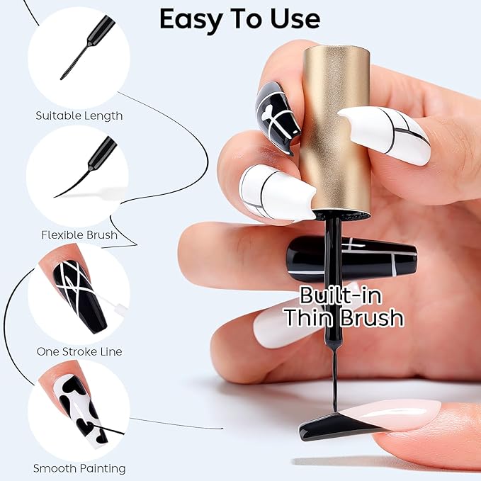 AIMEILI Gel Polish Nail Art Liner, Hema Free, Cruelty Free, Vegan, Black White Nail Paint Build in Thin Brush for Swirl French Tips Manicure DIY