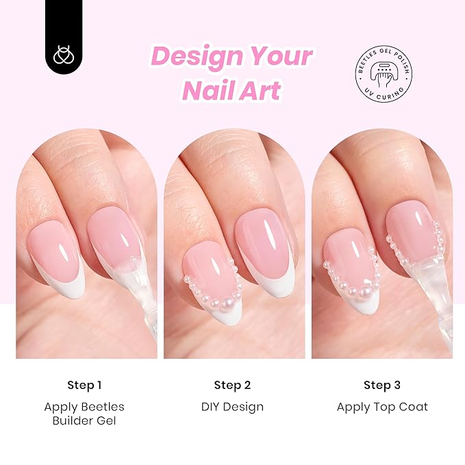 Beetles Press On Nails, French Tip Press On Nails Short Almond Kit with 224Pcs Nail Tips Nail Glue Builder Gel Top Coat Mini UV Light All-in-One DIY Wedding Nail Designs Gift for Women