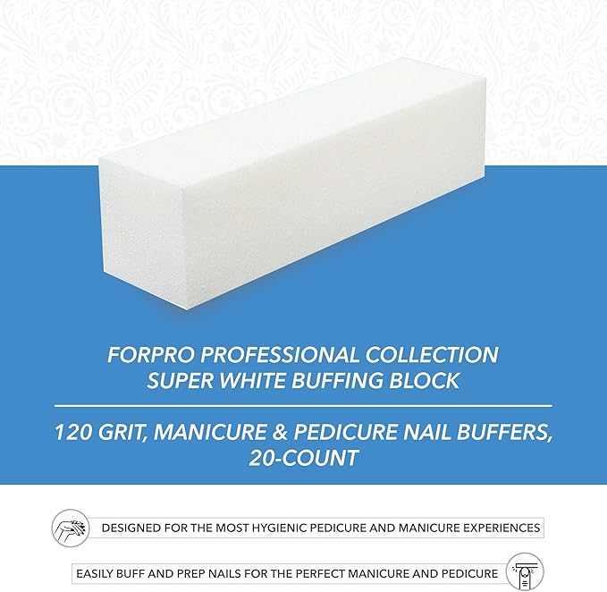 ForPro Super White Buffing Block, 120 Grit, Four-Sided Manicure and Pedicure Nail Buffer, 3.75” L x 1” W x 1” H, 20-Count (Pack of 2)