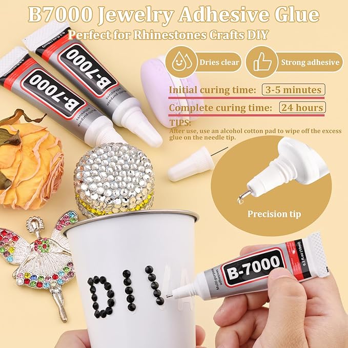 5000PCS SS10/2.8mm Crystal Rhinestones (Jet Black) with 2Pcs 10ml B7000 Jewelry Glue, Bedazzling Flatback Glass Rhinestones for Crafting, Gems Diomand Charms for Tumbler Shoes Clothing Mugs Nail Art