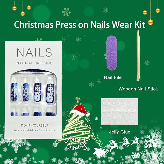 Christmas Press on Nails Medium Square Fake Nails with Snowflake Snowman Designs Blue Xmas False Nail Winter Acrylic Stick on Nail for Women 24 Pcs