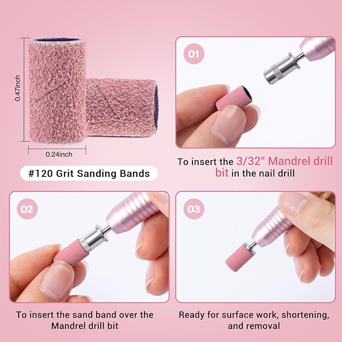 MelodySusie 100 Pcs Nail Drill Bits Sanding Bands for Nail Drill 120 Medium Grit Nail File Sanding Bands for Acrylic Nails Gel Manicures and Pedicure, Pink