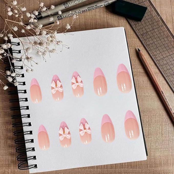 24pcs French Tip Press on Nails Short Almond Fake Nails with Charm Designs Cute Bow False Nails Full Cover Glue on Nails Pink French Tip Artificial Nails for Women Girl Nail Decoration