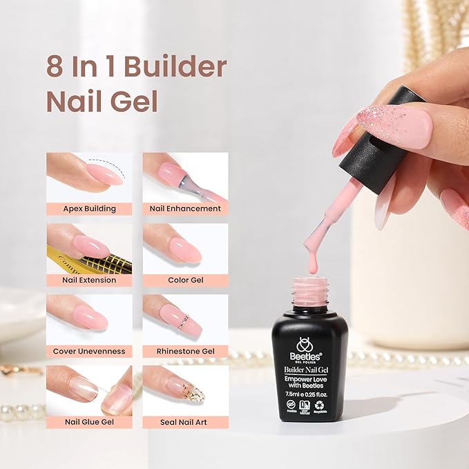 Beetles 2 Pcs 15ml No Wipe Gel Top Coat and Base Coat Set - Shine Finish and Long Lasting 12 Colors Gel Builder for Nails 8-in-1
