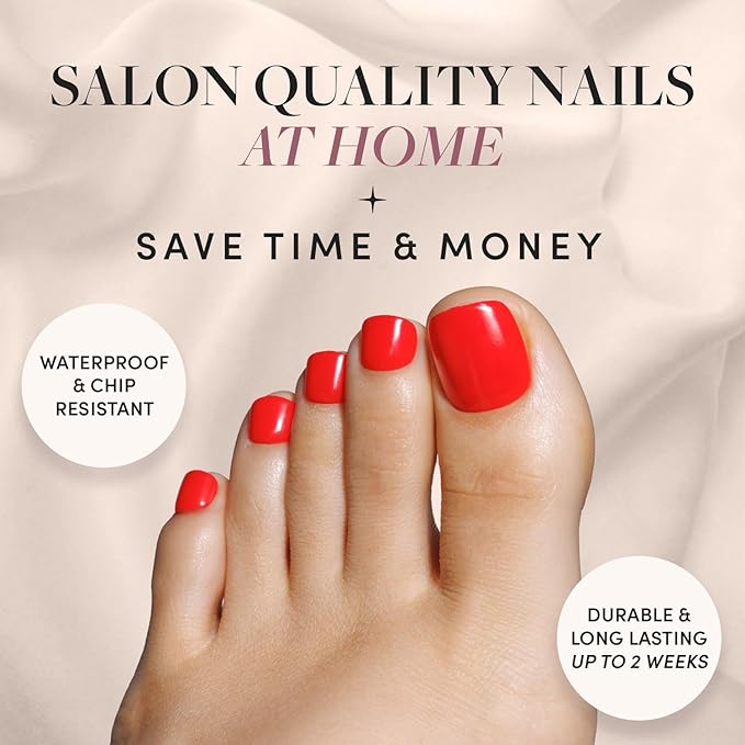 Glamnetic Press On Toenails - Fiery Red | Solid Opaque Red Fake Toe Nails with a Glossy Finish | 16 Sizes - 32 Toe Nail Kit with Glue