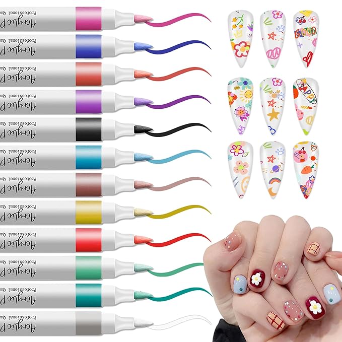 12 Colors Nail Art Markers Pens Set, Nail Polish Pens Nail Art Drawing Marker Pen Quick Dry Waterproof Nail Art Painting Pens Kit for Home DIY Nail Art Design