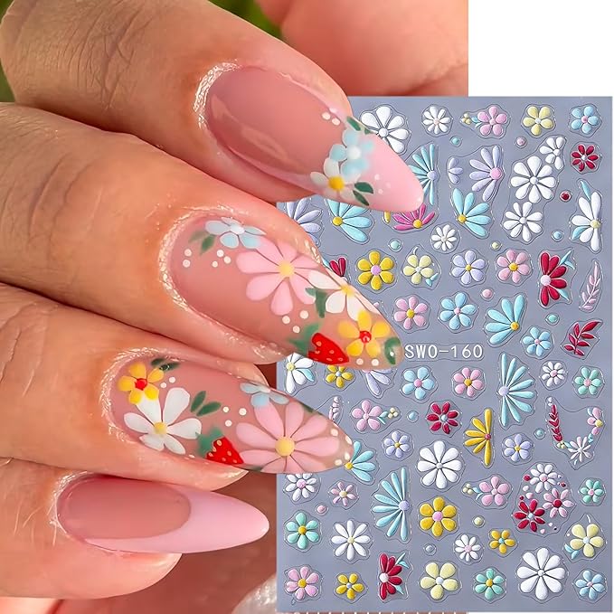 3 Sheets Spring Flower Nail Stickers White Pink Peach Blossoms Nail Art Stickers Colorful Embossed Daisy Nail Decals 3D Self-Adhesive Cute Flowers Nail Art Decals for Women Nail Designs