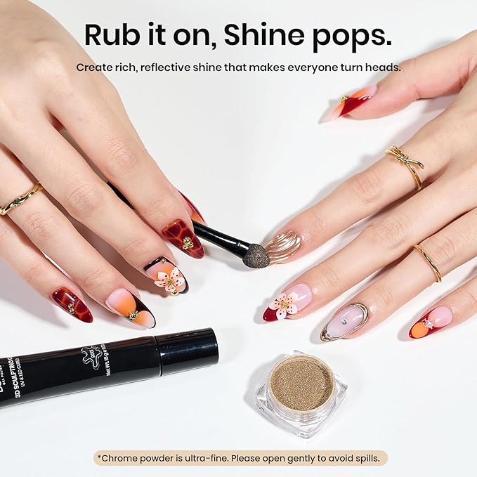 Beetles Sculpting Gel 3D Gel Nail Art 3 in 1 Clear No Wipe Nail Polish Rhinestone Art Glue Gel for Drawing, Molding, Gems and Decoration with Golden Chrome Nail Powder for DIY Nail Designs, 15g
