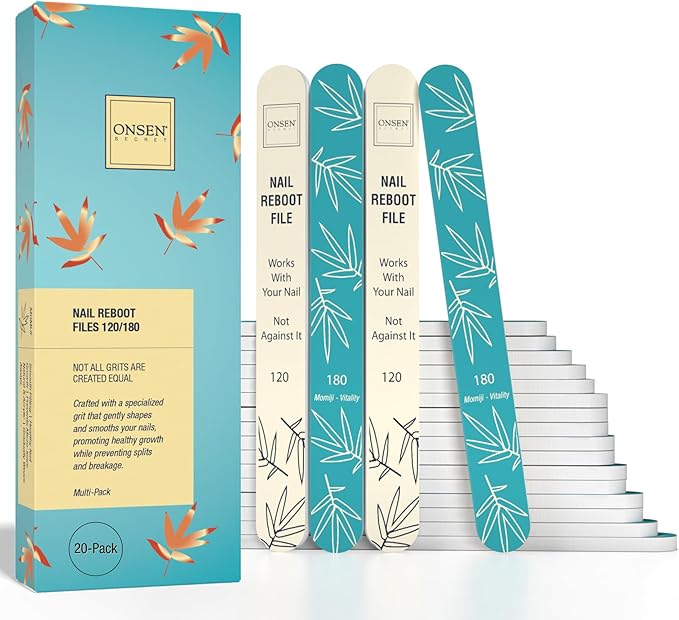 Onsen Secret Japanese Nail File - Professional 20-Pack Nail Files, Double Sided Natural & Acrylic Filers - 120/180 Grit - Disposable, Salon Smooth | Best Onsen File for Shiny Nails
