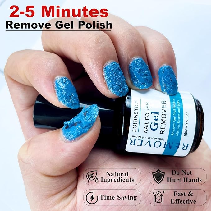 LOUINSTlC Gel Nail Polish Remover-2 x15ml Bottles，Fast 2-5 Min, Acetone-Free, Gentle on Nails, No Foil/Soak, includes 2 Tools for DlY & Professional Use